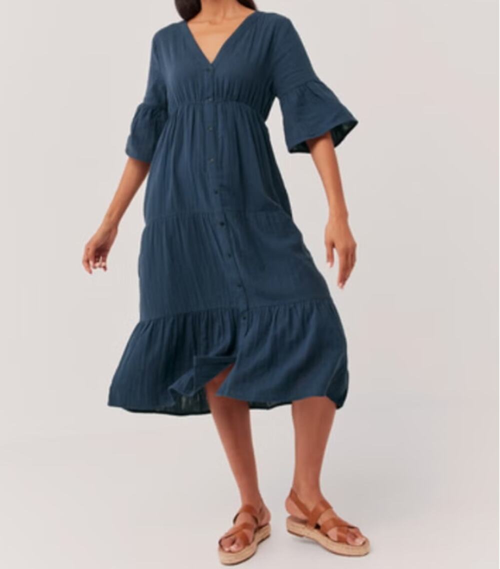 Pact Organic Cotton Gauze Blue Coastal Tiered Midi Dress Large bell sleeves